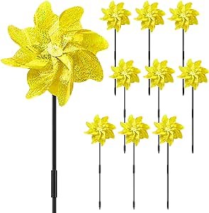 10 Packs Pinwheels Gold Reflective Wind Spinner Garden Pinwheel Sparkly Windmills Scare Birds Animal Away Wind Spinners for Yard and Garden Decor
