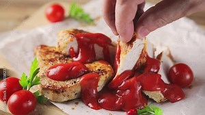 A piece of fried meat is dipped in ketchup. Close-up. Slow motion.