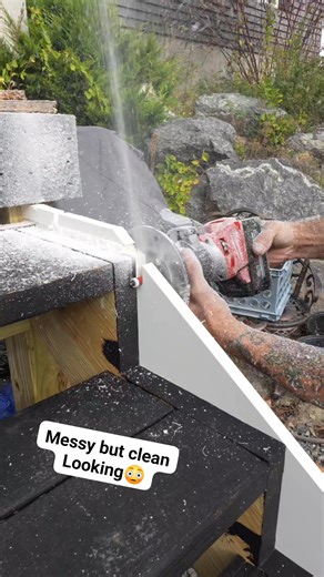 Cutting out trim for stair stringers using a special router bit but it made a mess #carpentrytips #construction #contractor #tipsandtricks #HomeImprovement #hacks #carpentry #builder #deck #tools #diy #fblifestyle | Your Favorite Contractor