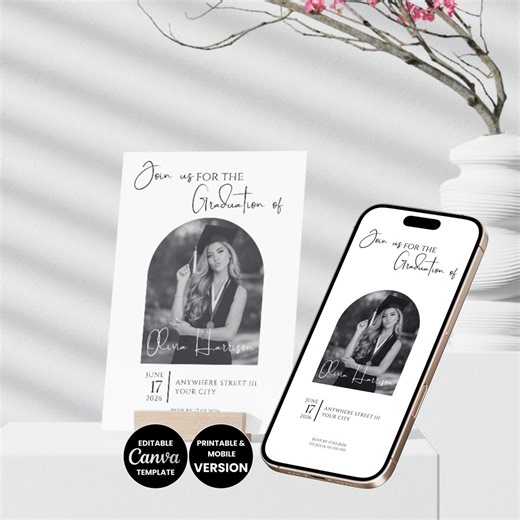 Editable Graduation Party Invitation Minimal Hand Drawn Graduation Announcement Canva Template She Did It Invitation Grad Party Invite Diy - Etsy