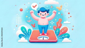Adorable, stylized cartoon character joyfully stands on a scale. Surrounded by symbols of health and happiness, the scene celebrates successful weight loss against a soothing blue background