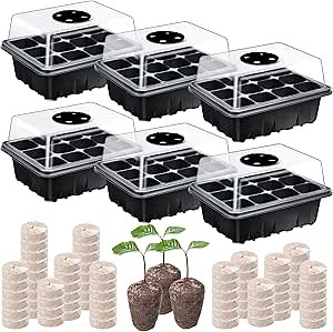 SiliFine 6 Pack Seed Starter Tray with 72 Pcs Peat Pellets, Seeding Starter Kit (72 Cells Total Tray) with Humidity Dome, Soil Plant Germination Tray Kit for Flower Vegetable(Black)