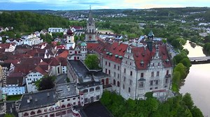 Drone aerial footage of Sigmaringen Castle at Cloudy Evening. Was the princely castle for Hohenzollern-Sigmaringen.