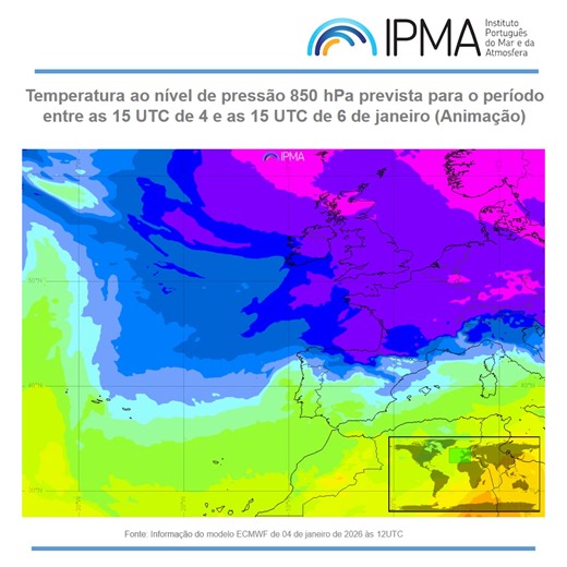 #Tempo 📣 Descida da temperatura em Portugal continental 🌡️ Após um início do ano com temperatura acima da média para o mês de janeiro, prevê-se uma descida acentuada da temperatura em Portugal continental já para hoje, dia 5, devido à influência de uma massa de ar polar que irá ser transportada desde latitudes mais elevadas, deslocando-se no flanco leste da circulação de um anticiclone localizado na região dos Açores. 🌬️ O vento irá também intensificar, soprando por vezes forte do quadrante n