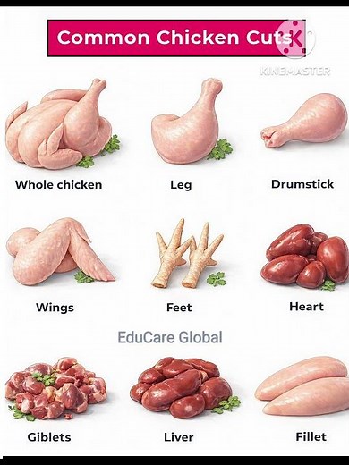 Common Chicken Cuts, Whole chicken, Leg, Drumstick, Wings, Feet, Heart, Giblets, Liver, Fillet,