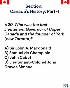 🌎🇨🇦 Section: Canada's History Do you know who founded the city we now call Toronto? ❓Question 20: Who was the first Lieutenant Governor of Upper Canada and the founder of York (now Toronto)? A) Sir John A. Macdonald B) Samuel de Champlain C) John Cabot D) Lieutenant-Colonel John Graves Simcoe 🎯Like, share, comment, and subscribe! Follow for more Canadian citizenship questions and historical gems — one reel a day builds your way to the test! 📢#JohnGravesSimcoe #TorontoHistory #CitizenshipRee