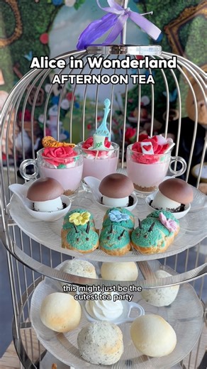 Linda • life & style on Instagram: "Alice in Wonderland tea party ☕️♥️ @mycupofteadessert newest themed afternoon tea set brings you to Wonderland that is full of whimsical desserts with unique flavours! Each tea set included 1pcs of the following: - Coconut Panna cotta (jiggling 🍄) - Milk tea éclair (caterpillar) - Raspberry cream cheese cake - Classic butter scone - Lavender Earl grey scone - Chicken corn and cheese stuffed bread - Tomato mousse salami sandwich - Cheese Choux pastry with pota