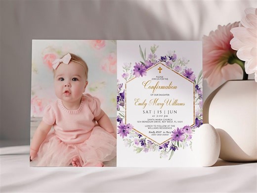 Purple Floral Confirmation Invitation | Rustic Gold Frame Girl Invite (Digital Download)