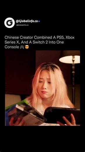 @globalinfo.co on Instagram: "She Unified the Biggest Gaming Consoles in the World Into One Machine.🤯🎮 It can now play PlayStation, Xbox, and Nintendo games from a single console. This Chinese YouTuber physically merged real PS5, Xbox Series X, and Switch 2 hardware into one custom-built system, not through emulation or software, but by engineering the internals from scratch. Inside the chassis are three original motherboards, a shared power supply, and a custom aluminum cooling system, paired