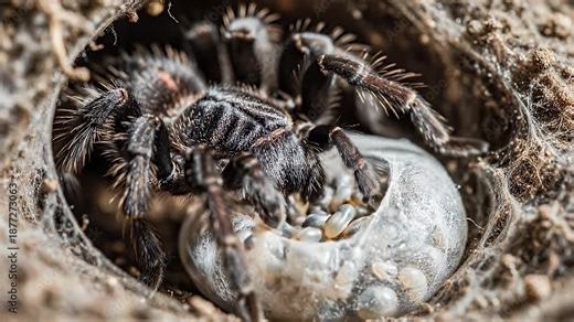 Tarantula spider guarding its egg sac inside a burrow in the ground.