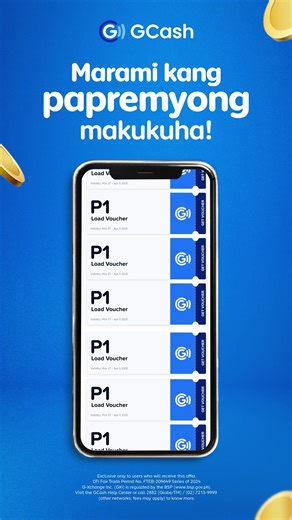 Mas murang load? Kaya pala sa GCash! 🎉 Mag-login na to get your FREE LOAD VOUCHERS daily! G-Xchange Inc. (GXI) is regulated by the Bangko Sentral ng Pilipinas (BSP). To know more, Visit the GCash Help Center or call us at 2882 (Globe/TM) / (02) 7213-9999 (Globe Landline), or Internet Call through the Help Center. | GCash