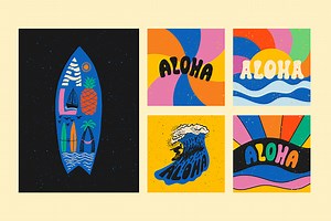 Aloha surfing-Schriftzug. Vektor-illustration Kalligrafie