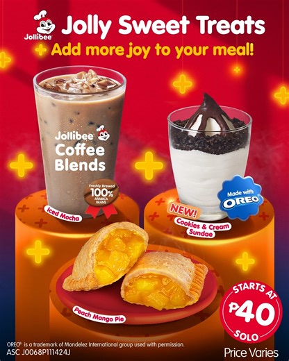 Add a Sweet Treat to your favorite Jollibee Meals—Peach Mango Pie, Iced Mocha, or the NEW Cookies & Cream Sundae. 🥭🍫🍦 Order now via: 📱 bit.ly/JollibeePHApp 💻 JollibeeDelivery.com ☎️ #87000 🏬 Dine-in or Take Out 🚗 Drive-Thru 🏍️ GrabFood or Foodpanda | Jollibee