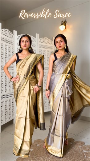 𝐀𝐫𝐜𝐡𝐞𝐞 | Saree Drapes on Instagram: "Save and share this with a saree lover✨ Pure silk saree of the day- is a reversible mulberry banarasi is 925 sterling silver shine at the front and 24K pure gold shine at the reverse. If anything, it’s just a saree that belongs to a queen and today I am that queen! ✨ Tips on how to wear a reversible saree- ✨ Always get the pico done but not fall so you can easily flip the saree whenever you need. ✨ Generally blo