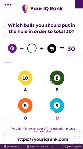 Billiards Math: Which Ball Totals 30? 🎱🧠 Simple subtraction. Add the two given numbers (12 and 10), and subtract that sum from the target total (30) to find the required value of the missing ball. #MathPuzzle #NumberRiddle #IQChallenge #BrainTeaser #LogicPuzzle #Billiards #SumTo30 #MathsGames | Your IQ Rank