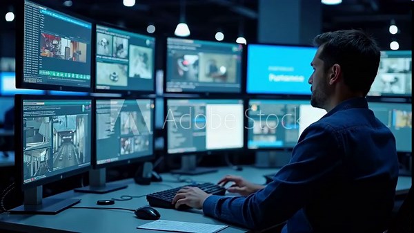 A professional security officer monitors multiple CCTV surveillance screens in a modern control room. Advanced technology ensures safety, vigilance, and real-time incident response.