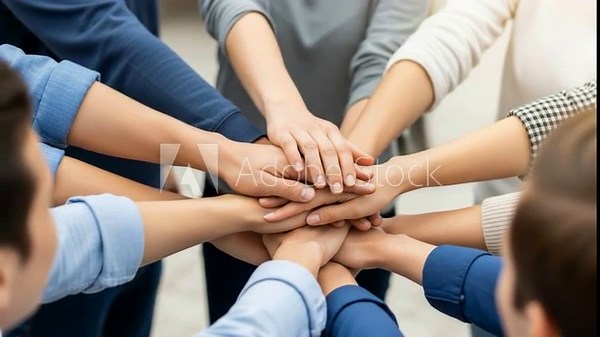 A diverse group of people stacking their hands together in a sign of unity, teamwork, and collaboration, symbolizing shared goals and mutual support in achieving success