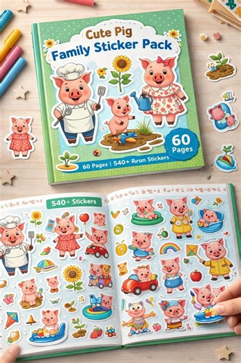 Cute Pig Family Sticker Pack | 60 Pages | 540  Kids Cartoon Stickers - Etsy