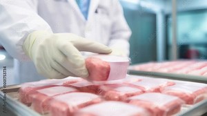 Scientist carefully takes a meat sample in a food factory, ensuring quality and safety standards. Conducting thorough analysis in the lab guarantees nutritional value and hygiene