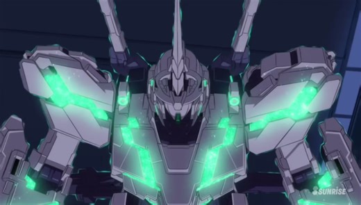 This is one of the coolest scenes from Gundam unicorn.From transforming into its destroy mode with the green psycho frame