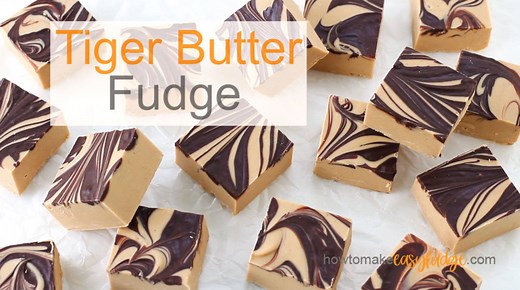 Tiger Butter Fudge - looks as great as it tastes! Recipe - https://howtomakeeasyfudge.com/tiger-butter-fudge/ | Hungry Happenings