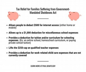 Today I introduced the Tax Relief for Families Suffering from Government-Mandated Shutdowns Act to help Americans face new and frequently overwhelming burdens due to this national emergency. Read more here: https://www.paul.senate.gov/news/dr-rand-paul-introduces-tax-relief-families-suffering-government-mandated-shutdowns-act | Senator Rand Paul