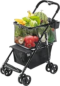 Folding Shopping Cart with Wheels, Multi Use Grocery Carts with 360° Wheels & Removable Tote Bag, Multifunctional Portable Personal Shopping Carts for Groceries (Max 80lbs)