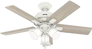 Hunter Fan Company, 52350, 44 inch Crystal Peak Matte White Ceiling Fan with LED Light Kit and Pull Chain