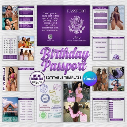 Editable Birthday Passport Template, Printable Birthday Passport Invite, Boarding Pass & Passport Template, Girl's Trip Passport Invitation - Etsy