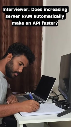 MERN Developer | Telugu Tech on Instagram: "Answer👇👇 Increasing RAM only helps when the application is memory-bound (large in-memory cache, high concurrency). Most slow APIs are actually limited by database queries, network latency, blocking code, or inefficient algorithms. Without profiling, adding RAM often gives little or no real-world improvement. FOLLOW ME FOR MORE INTERVIEW TIPS AND QUESTIONS🤩🤩 #webdevelopment #interview #cse #interviewtips"