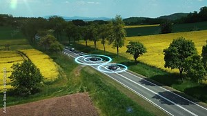 Self driving autonomous electric cars on a country highway with technology assistant. Sensor Scanning Road. Smart transportation of the future. Visualization with HUD elements. Aerial view. 4k footage