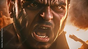 Anger Face, Furious Fire Eyes, Angry Man with Smoke from the Nostrils, Fire in Eyes, Evil Grimace, Generative AI Illustration