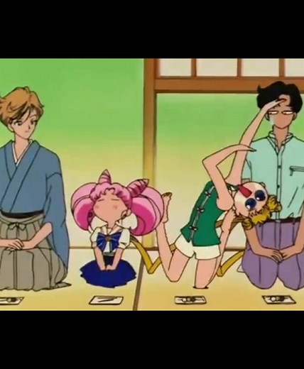 Chibiusa and Usagi are up to their childish antics during a traditional Japanese tea ceremony, much to Mamoru’s embarrassment. #sailormoon #anime #セーラームーン