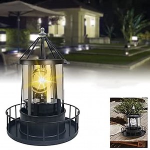 LED Solar Powered Lighthouse,Outdoor Waterproof 360° Rotating Solar Hanging Lamp, Garden Smoke Towers Statue Lights for Outdoor Garden Pathway Patio,Black