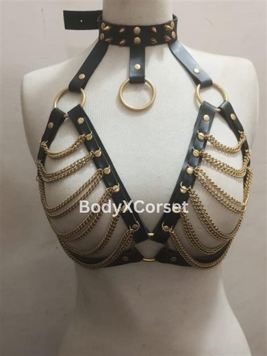 Black Faux Leather Harness Bra With Gold Chains - Gothic Rave Top - Etsy