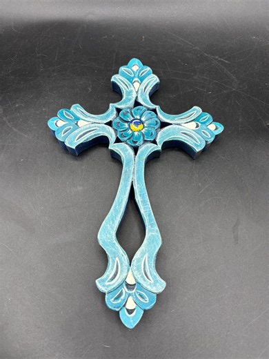 Vintage Wooden Hand-painted Cross, Hanging, Blue, Turquoise - Etsy