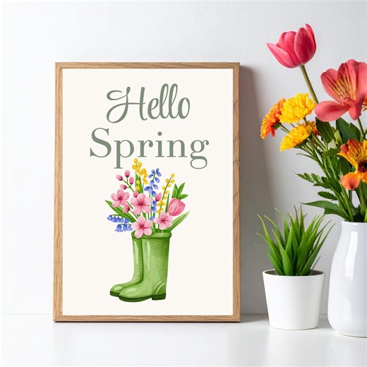 Spring Printable Wall Art Hello Spring Decor Floral Rain Boots Print Kitchen Decor Entryway Spring Sign Flower Wall Art Instant Download