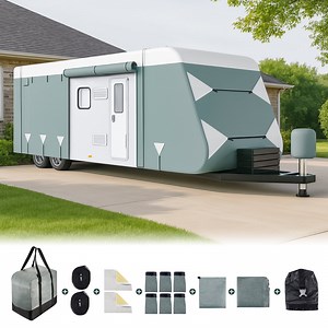 Filluck Travel Trailer RV Cover, 20-22FT Heavy Duty 6 Layers Thick Camper Cover, Waterproof UV Resistant with Repair Patches, Windproof Straps, Gutter & Jack Covers, RV Trailer Camper Accessories