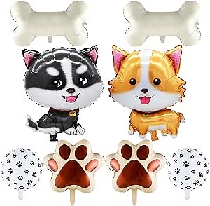 8 Pcs Dog Balloons Cute Animal Dog Birthday Balloons Corgi Husky Paw Bone Paw Print Foil Mylar Balloon for Birthday Baby Shower Theme Party Decorations