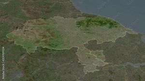 North Yorkshire, administrative county with its capital, zoomed and extruded on the satellite map of England in the conformal Stereographic projection. Animation 3D