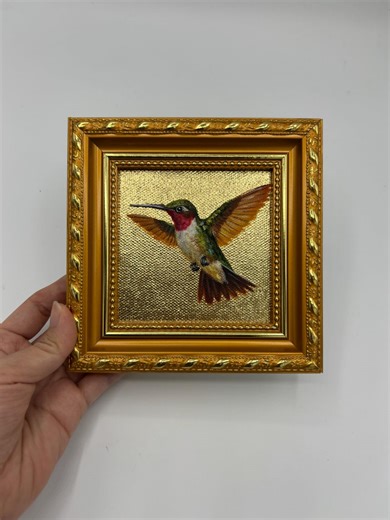 Gold Leaf Oil Painting, Hand-painted Framed Original Canvas Artwork, Humming Bird - Etsy