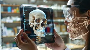 Augmented Anatomy: A medical professional utilizes AR, overlaying a 3D skull model onto a patient's x-ray, showcasing the future of healthcare technology.