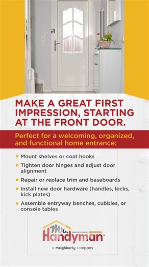 A welcoming home starts at the front door! From fixing squeaky hinges and repairing trim to mounting décor or refreshing paint, small upgrades can make a big impact. Our team can help you create an entryway that’s both functional and inviting, just in time for the season of guests and gatherings. 🏠 #MrHandyman #Neighborly #HomeImprovement #EntrywayRefresh #HomeUpgrades | Mr. Handyman of Greater Hartford and Farmington Valley