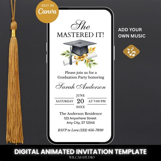 Editable Masters Graduation Invitation: She Mastered It, Minimalist Class of 2026 Party Invite, Digital Modern Canva Template - Etsy