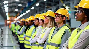 A diverse group of women donning hard hats and safety vests stands together, attentively engaged in an important training session about workplace safety protocols Stock Video