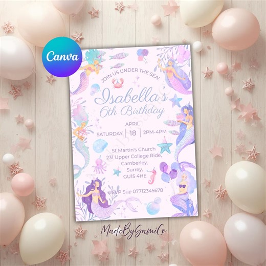 Mermaid Birthday Invite Template | Under the Sea Party | Printable Girls Birthday Invitation - Etsy