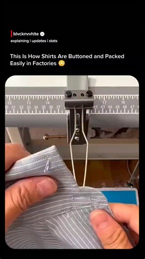 BlackAndWhite on Instagram: "In garment factories, shirts are buttoned and folded using a precise and efficient method that keeps them neat and wrinkle-free for packaging. First, the shirt is laid flat and buttoned at the collar to maintain structure. Each sleeve is then folded inward, aligning the cuffs evenly along the side seams. To keep the fabric in place, a thin U-shaped pin or wire tool is inserted through the folded section and hooked behind the button. This creates tension that holds th