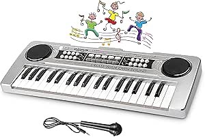 Kids Piano 37 Keys Multi-Function Keyboard Piano Kids Toy Piano with Microphone & MP3 Music Function Kids Starter Music Keyboard Silver 16.92 inches