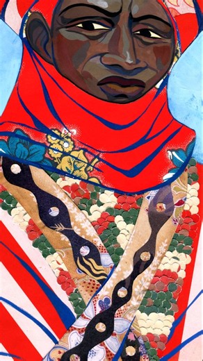 Jester Pepita on Instagram: "There were too many details during the process not to post it I continue my series of postcards with focus on patterns of the world and their replication with my wrapping paper collection. I really love this photo, especially how perfectly it fit for my scraps of "candy cane" paper. Once again mixed media, gouache with wrapping paper 🤲💝 #illustration #gouache #mixedmedia #tutorial"