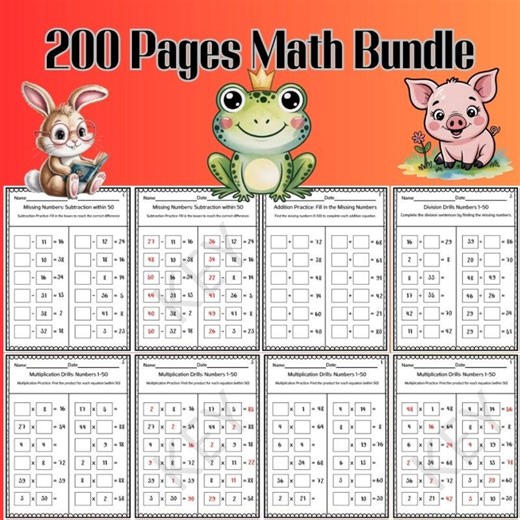 Math Workbook: Addition, Subtraction, Multiplication, Division Drills (PDF) - Etsy